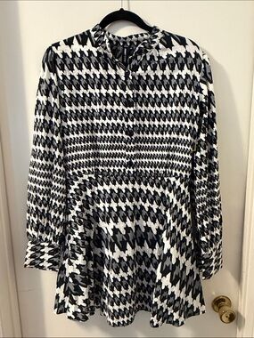 NWT Jonny Cota Hemp/ Cotton Black&White Houndstooth Long Sleeve Mini Dress Sz M